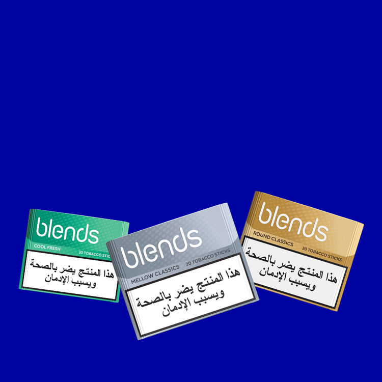 Four BLENDS flavours for BONDS by IQOS on a blue background Four BLENDS flavours for BONDS by IQOS on a blue background